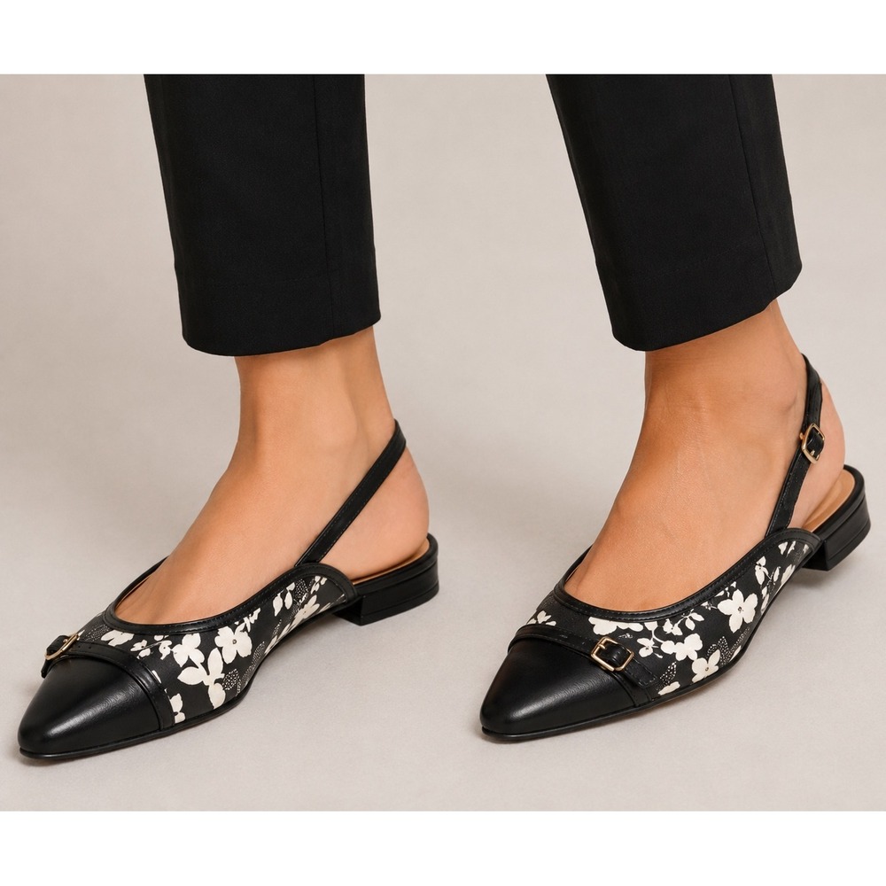 Talbots  Black White Butterfly Floral Slingback Flats Pointed Toe Buckle 7M